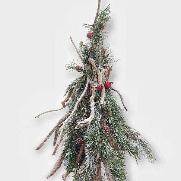Χειροποίητο χιονισμένο Χριστουγεννιάτικο δεντράκι 68εκ. - ξύλο, πηλός, διακοσμητικά, χιονονιφάδα
