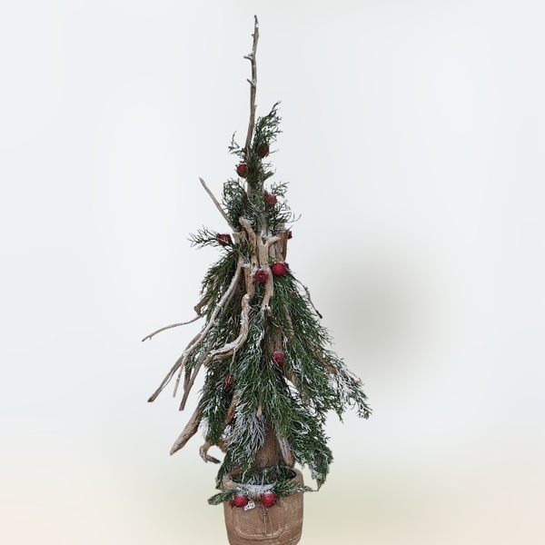 Χειροποίητο χιονισμένο Χριστουγεννιάτικο δεντράκι 68εκ. - ξύλο, πηλός, διακοσμητικά, χιονονιφάδα - 2