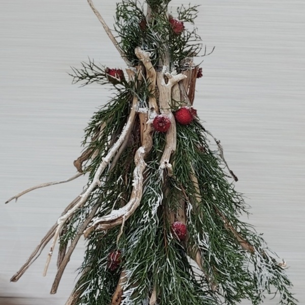 Χειροποίητο χιονισμένο Χριστουγεννιάτικο δεντράκι 68εκ. - ξύλο, πηλός, διακοσμητικά, χιονονιφάδα - 3