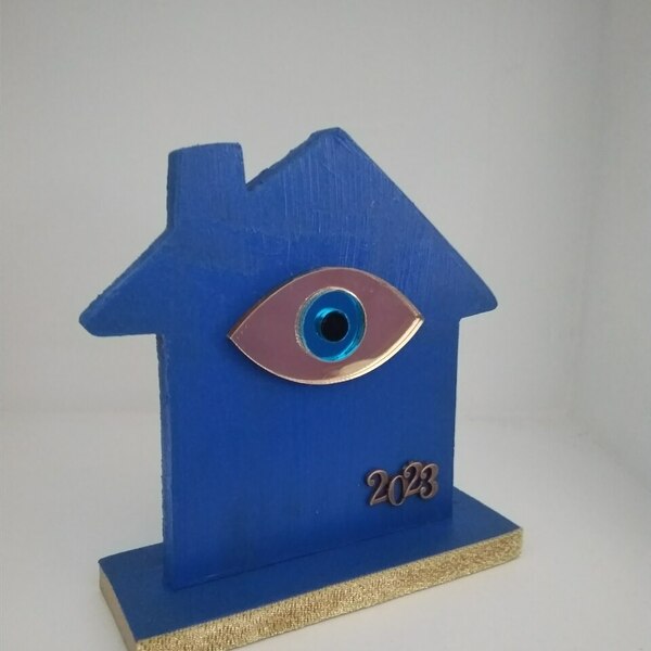 Ξύλινο Σπιτάκι Γούρι μπλέ με μάτι 10*10cm - ξύλο, vintage, διακοσμητικά - 2