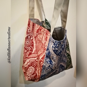 XL ΧΕΙΡΟΠΟΙΗΤΗ VINTAGE TOTE BAG 49Χ42 τριχρωμη βαμβακερη με επενδυση , μπλε, πρασινο, μπορντό φλοραλ ιταλικό ανθεκτικό ύφασμα - ύφασμα, μεγάλες, all day, tote, πάνινες τσάντες - 4