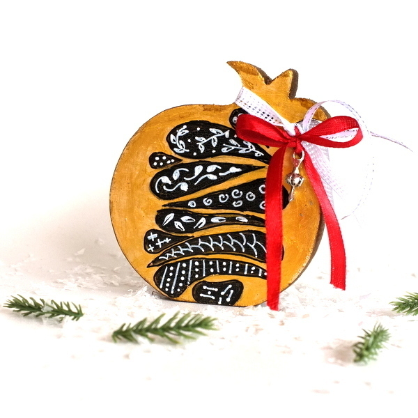 Γούρι Ρόδι Ξύλινο, Χρυσό Δέντρο - 10εκ. - ξύλο, ζωγραφισμένα στο χέρι, ρόδι, χριστουγεννιάτικα δώρα, γούρια