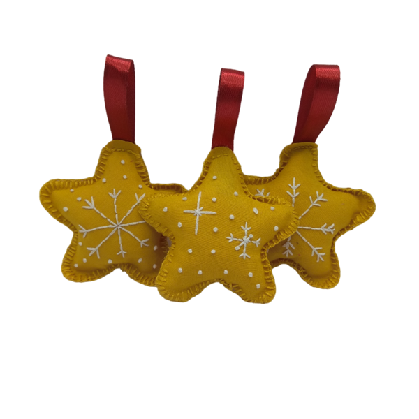 Κίτρινο Υφασμάτινο Αστέρι με Κεντημένες Χιονονιφάδες - ύφασμα, αστέρι, χιονονιφάδα, στολίδια - 2