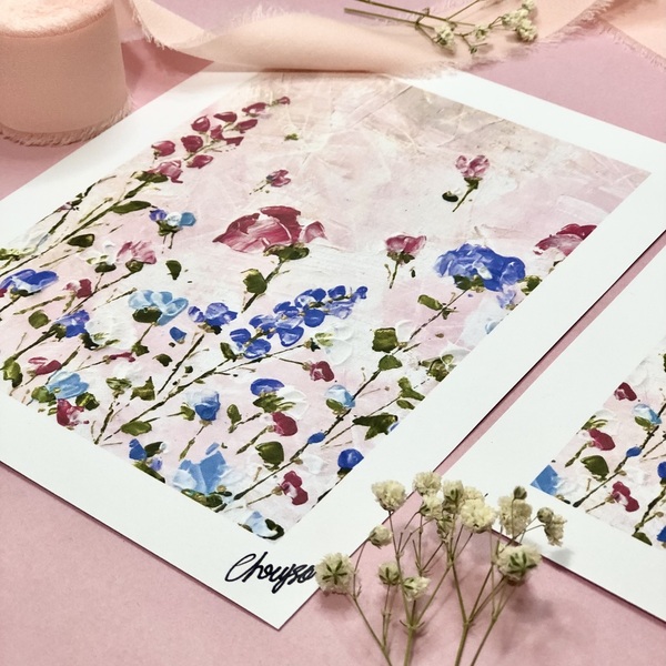 Pink flowers garden Set of 2 Art Ptints - πίνακες & κάδρα, λουλούδι, πίνακες ζωγραφικής - 2