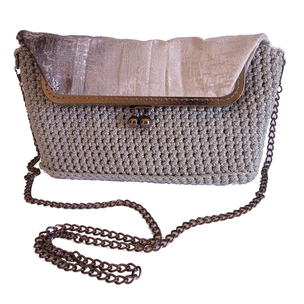 Γυναικεία ασημί μεταλιζέ πλεκτή τσάντα φάκελος clutch vintage χειροποίητη - vintage, νήμα, clutch, ώμου, βραδινές