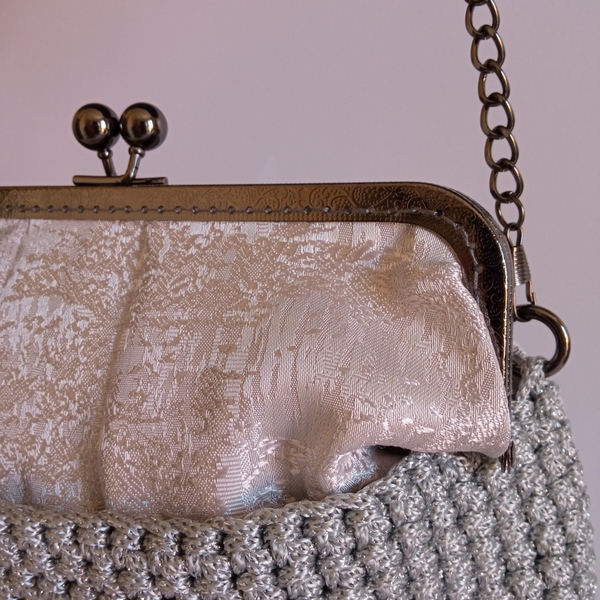Γυναικεία ασημί μεταλιζέ πλεκτή τσάντα φάκελος clutch vintage χειροποίητη - vintage, νήμα, clutch, ώμου, βραδινές - 3
