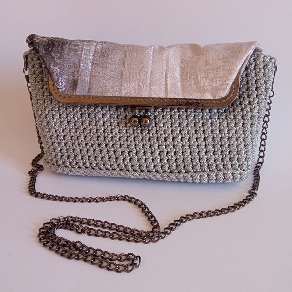 Γυναικεία ασημί μεταλιζέ πλεκτή τσάντα φάκελος clutch vintage χειροποίητη - vintage, νήμα, clutch, ώμου, βραδινές - 5