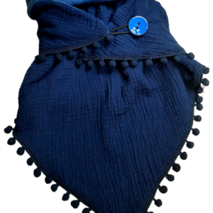 Τριγωνικό κασκόλ χειροποίητο από βαμβακερό ύφασμα και φλις με πον πον (μπλε σκούρο)one size - βαμβάκι, χειροποίητα, εσάρπες, φουλάρια, χριστουγεννιάτικα δώρα