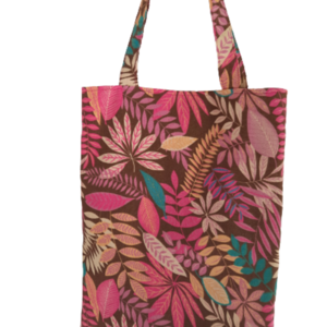 Υφασμάτινη tote τσάντα "καφέ με ροζ φύλλα" - ύφασμα, ώμου, μεγάλες, all day, tote