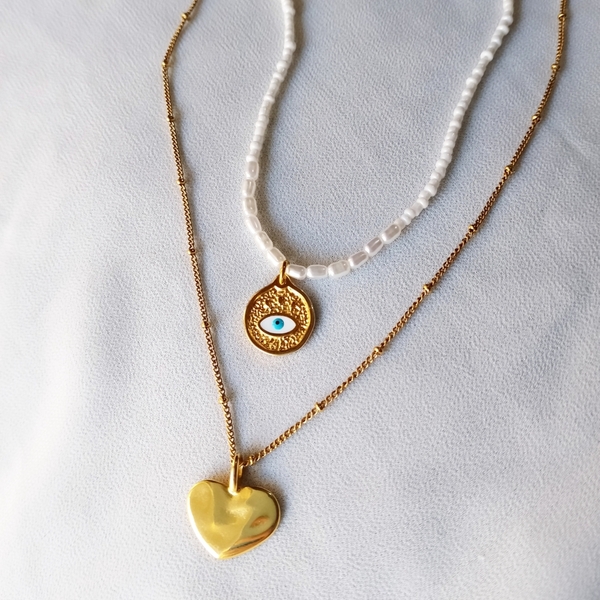 "Αλυσίδα με μπίλιες και σφυρήλατη χρυσή καρδιά" - charms, επιχρυσωμένα, καρδιά, ατσάλι - 2