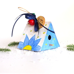 Διακοσμητικό mini bird house μπλε Μαργαρίτα - 7cm - ζωγραφισμένα στο χέρι, χαρτί, σπίτι, χριστουγεννιάτικα δώρα, γούρια