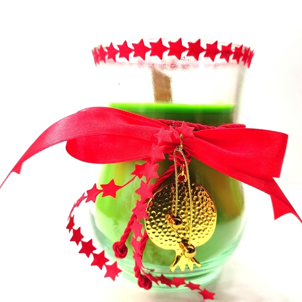 Χριστουγεννιάτικο αρωματικό κερί 500γρμ πράσινο με άρωμα βανίλια σε γυάλινο ποτήρι 13χ9 εκ. και μεταλλικό ρόδι - γυαλί, νήμα, μέταλλο, ρόδι, κεριά & κηροπήγια - 2