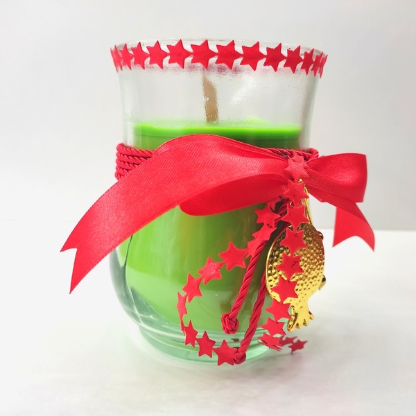 Χριστουγεννιάτικο αρωματικό κερί 500γρμ πράσινο με άρωμα βανίλια σε γυάλινο ποτήρι 13χ9 εκ. και μεταλλικό ρόδι - γυαλί, νήμα, μέταλλο, ρόδι, κεριά & κηροπήγια - 3