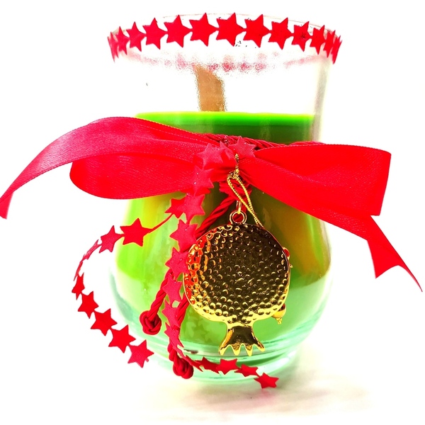 Χριστουγεννιάτικο αρωματικό κερί 500γρμ πράσινο με άρωμα βανίλια σε γυάλινο ποτήρι 13χ9 εκ. και μεταλλικό ρόδι - γυαλί, νήμα, μέταλλο, ρόδι, κεριά & κηροπήγια - 4