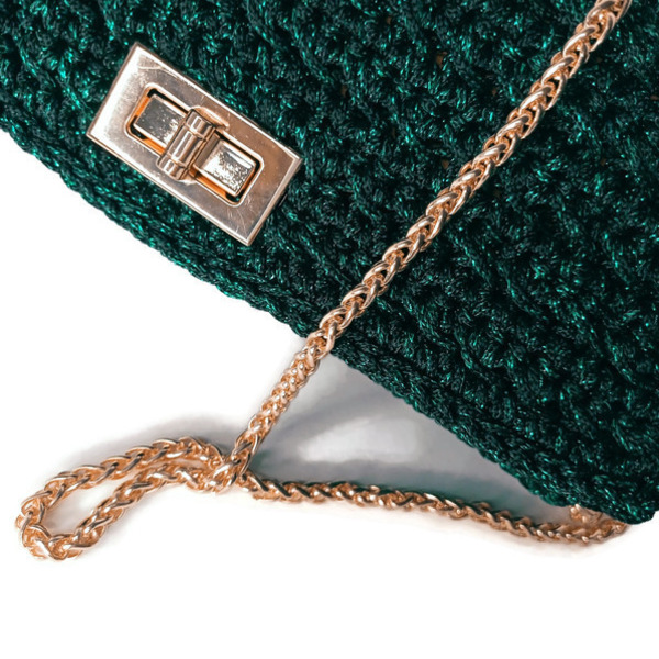 Βραδινή glitz πλεκτή τσάντα με χρυσή αλυσίδα , πράσινο - νήμα, clutch, ώμου, πλεκτές τσάντες, βραδινές - 2