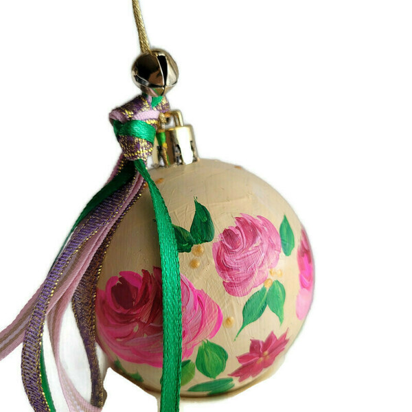 Μπάλα ζωγραφισμένη στο χέρι ροζ λουλούδια - ζωγραφισμένα στο χέρι, πλαστικό, στολίδια, μπάλες