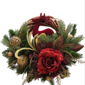 Χριστουγεννιάτικο στεφάνι από μπαμπού με Ταρανδο , λουλούδι ,στολίδια 40 εκατοστά - ξύλο, στεφάνια, διακοσμητικά