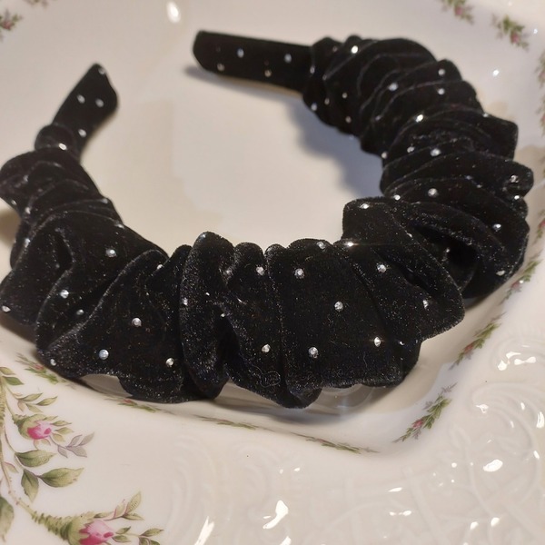 Βελούδινη στέκα μαλλιών scrunchie- μαύρο με στρασάκια 17 εκ. - ύφασμα, βελούδο, στέκες - 2