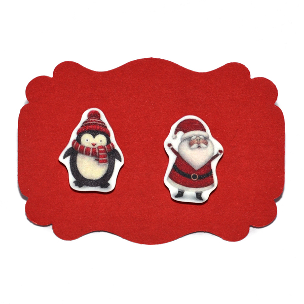 Χριστουγεννιάτικα ανόμοια καρφωτά σκουλαρίκια Άι Βασίλης και πιγκουίνος - πηλός, κοσμήματα, χιονάνθρωπος, άγιος βασίλης
