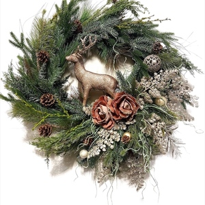 Μεγάλο χριστουγεννιάτικο στεφανι με τάρανδο 60 εκατοστά - στεφάνια, βελούδο, ρόδι, διακοσμητικά
