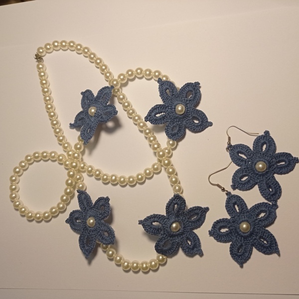 Κολιέ με πέρλες μπλε μαργαρίτα - χάντρες, μακριά, λουλούδι, πέρλες - 2