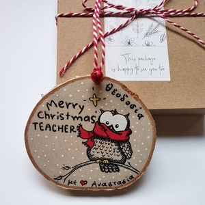 Προσωποποιημένο χειροποίητο χριστουγεννιάτικο ξύλινο στολίδι 9 εκατοστά για δασκάλους "Merry Christmas teacher" - ξύλο, δασκάλα, στολίδια, προσωποποιημένα - 3