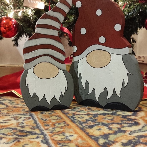 Επιδαπέδιοι Χριστουγεννιάτικοι Νάνοι-Γκρί/Κόκκινο - ξύλο, vintage, διακοσμητικά, άγιος βασίλης - 2