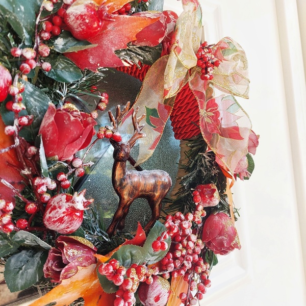 Χριστουγεννιάτικο στεφάνι με ελάφι - πλαστικό, τριαντάφυλλο, ρόδι, διακοσμητικά - 2