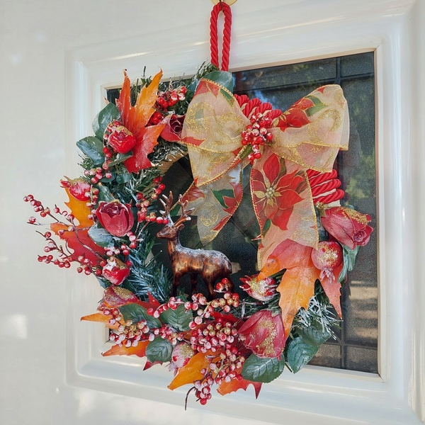 Χριστουγεννιάτικο στεφάνι με ελάφι - πλαστικό, τριαντάφυλλο, ρόδι, διακοσμητικά - 3