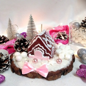 Επιτραπέζιο χριστουγεννιάτικο διακοσμητικό με κερί και στολίδια ροζ-λευκό σε κορμό 16,5×16×12cm - ξύλο, σπίτι, διακοσμητικά, χριστουγεννιάτικα δώρα - 2