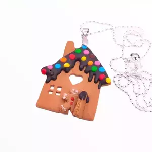 Gingerbread σπιτάκι κολιέ ,χειροποίητα κοσμήματα μινιατούρες απο πολυμερικό πηλό - ασήμι 925, πηλός, ατσάλι, φθηνά - 2