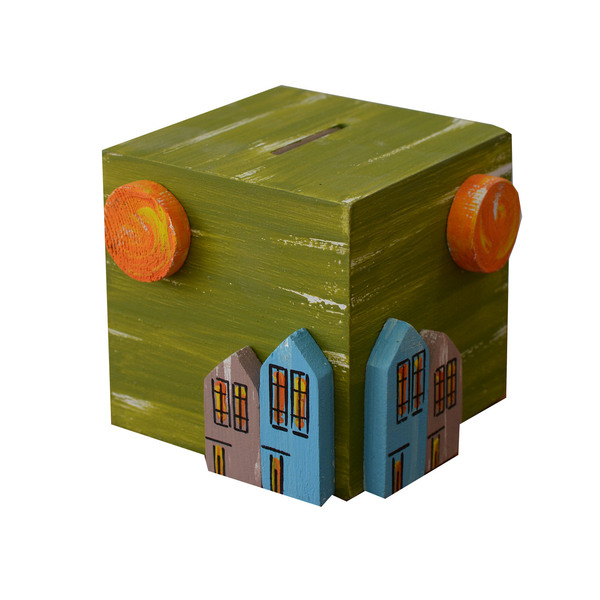 Κουμπαράς ξύλινος χειροοίητος Σπίτια με ήλιο 10x10x9 Πολύχρωμο Καπαδάκης - ζωγραφισμένα στο χέρι, χειροποίητα, κουμπαράδες, αξεσουάρ γραφείου