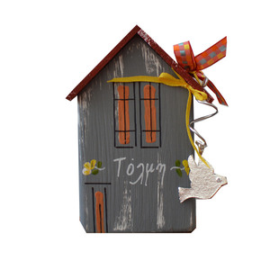 Γούρι ξύλινο χειροποίητο Σπίτι Γκρί σκούρο με μεταλλικά γούρια 7x12x3,5 Γκρί Καπαδάκης - ξύλο, σπίτι, γούρια