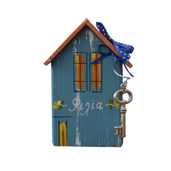 Γούρι ξύλινο χειροποίητο Σπίτι Ράφ με μεταλλικά γούρια 7x12x3,5 Ράφ Καπαδάκης - ξύλο, ζωγραφισμένα στο χέρι, σπίτι, χειροποίητα, γούρια