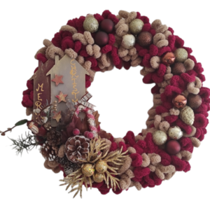 Χριστουγεννιάτικο στεφάνι 35 εκ με ξύλινα σπιτάκια - στεφάνια, σπίτι, κουκουνάρι, άγιος βασίλης, μαλλί felt