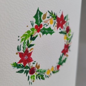 Χριστουγεννιάτικη κάρτα ζωγραφισμένη στο χέρι σχέδιο στεφανάκι 2 - ζωγραφισμένα στο χέρι, χαρτί, ευχετήριες κάρτες - 3