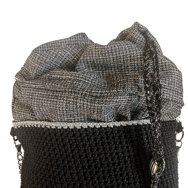 Γυναικεία τσάντα ώμου ή χιαστί, χειροποίητη πλεκτή, με ύφασμα και αλυσίδα - ύφασμα, νήμα, ώμου, πουγκί, χιαστί - 4