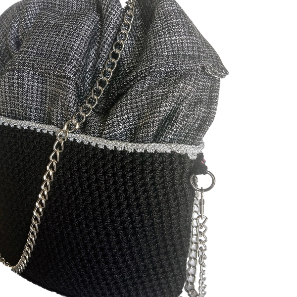 Γυναικεία τσάντα ώμου ή χιαστί, χειροποίητη πλεκτή, με ύφασμα και αλυσίδα - ύφασμα, νήμα, ώμου, πουγκί, χιαστί - 5