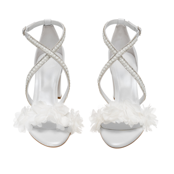 Νυφικά πέδιλα άσπρα με δέσιμο με πέρλες και λουλούδια από δέρμα - Πέδιλα Γαρυφαλλιά - δέρμα, πέδιλα, πέρλες, νυφικά, ankle strap - 2