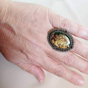 Δαχτυλίδι μπρούτζινο, ανοιχτό 3×2 εκ ,vintage, με υγρό γυαλί και νιφάδες χρυσού - vintage, μπρούντζος, μεγάλα, αυξομειούμενα - 3