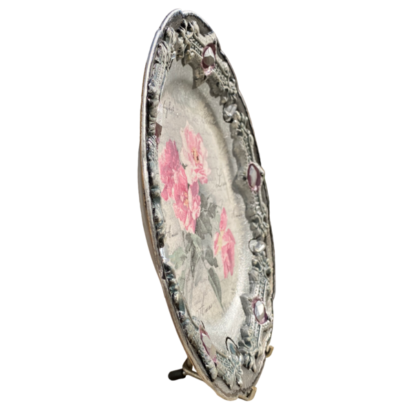 Πιάτο πορσελάνης 23cm ασημί με decoupage - γυαλί, ζωγραφισμένα στο χέρι, διακοσμητικά, πρωτότυπα δώρα - 2
