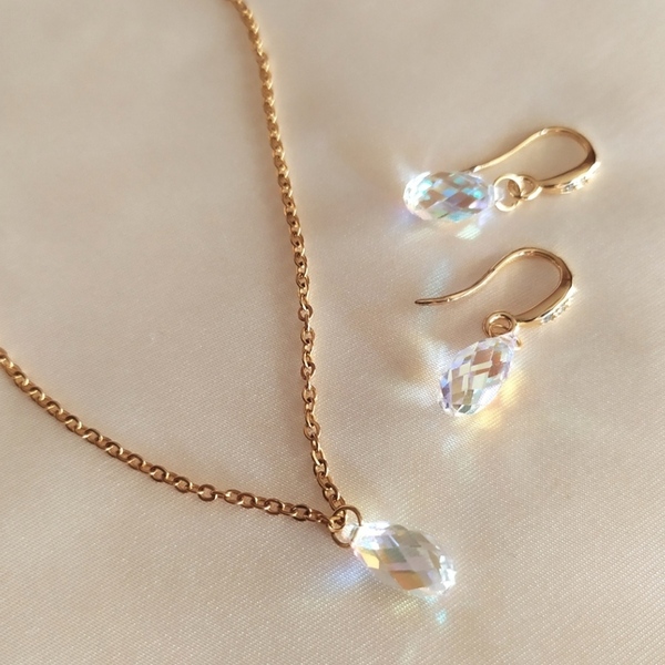 Swarovski drop necklace iridescent/white | Κολιέ- μενταγιόν Swarovski ιριδίζον/ λευκό - ημιπολύτιμες πέτρες, επιχρυσωμένα, swarovski, ατσάλι, μενταγιόν