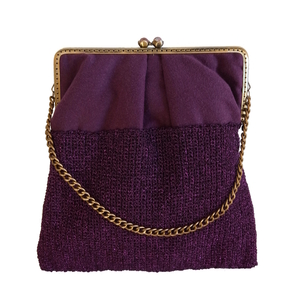 Γυναικεία τσάντα χειρός clutch vintage μωβ χειροποίητη από ύφασμα και νήμα με πλαίσιο και αλυσίδα μπρονζέ αντικέ - ύφασμα, νήμα, clutch, χειρός, βραδινές