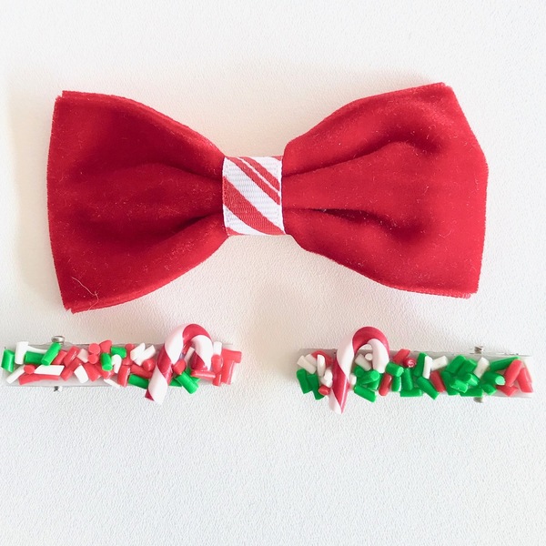 Χριστουγεννιάτικο σετ με βελούδινο φιόγκο & clips Let's sprinkle Xmas - φιόγκος, πηλός, χριστουγεννιάτικα δώρα, αξεσουάρ μαλλιών, hair clips