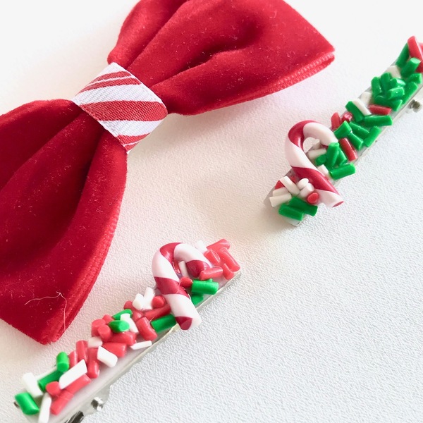 Χριστουγεννιάτικο σετ με βελούδινο φιόγκο & clips Let's sprinkle Xmas - φιόγκος, πηλός, χριστουγεννιάτικα δώρα, αξεσουάρ μαλλιών, hair clips - 2