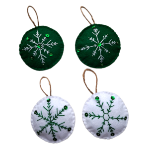 Χριστουγεννιάτικα στολίδια κεντημένα - 8 εκ. - λευκά, πράσινα - ύφασμα, χιονονιφάδα, χριστουγεννιάτικα δώρα, στολίδια, μαλλί felt