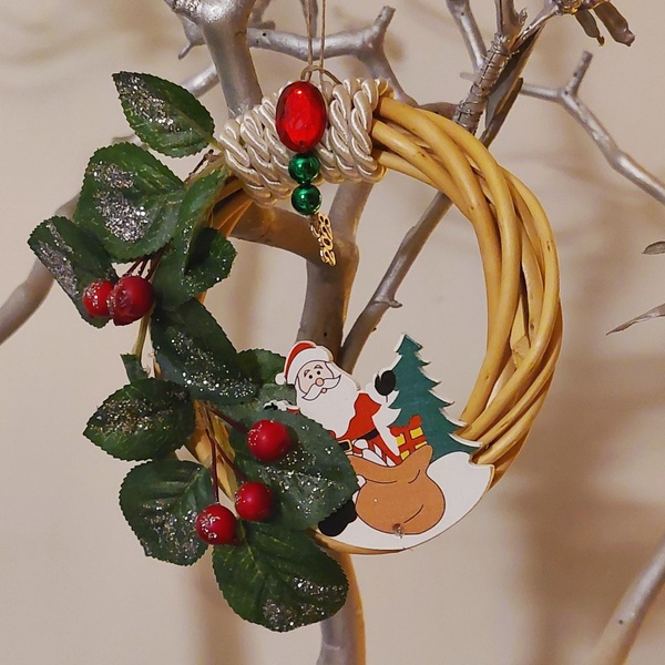 Μινιατούρα χριστουγεννιάτικο στεφάνι με Άη-Βασίλη 15cm - ξύλο, στεφάνια, άγιος βασίλης, γούρια - 3