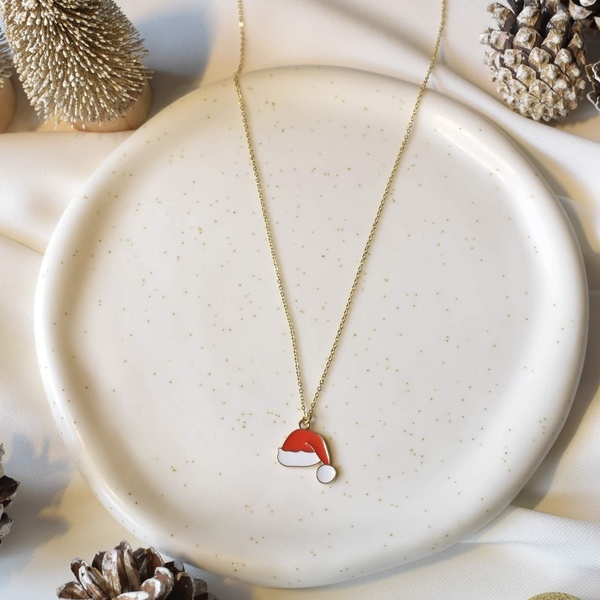 Χειροποίητο γυναικείο ατσάλινο κολιέ με κρεμαστό στοιχείο σκούφο του Αϊ Βασίλη - αλυσίδες, ατσάλι, κοσμήματα, χριστουγεννιάτικα δώρα - 2