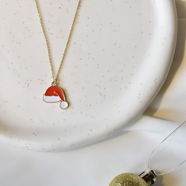 Χειροποίητο γυναικείο ατσάλινο κολιέ με κρεμαστό στοιχείο σκούφο του Αϊ Βασίλη - αλυσίδες, ατσάλι, κοσμήματα, χριστουγεννιάτικα δώρα - 4