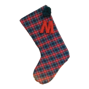 Χριστουγεννιάτικη βαμβακερή κάλτσα δώρων με γράμμα ονόματος και πομ πον- καρώ 40εκ. - ύφασμα, όνομα - μονόγραμμα, διακοσμητικά